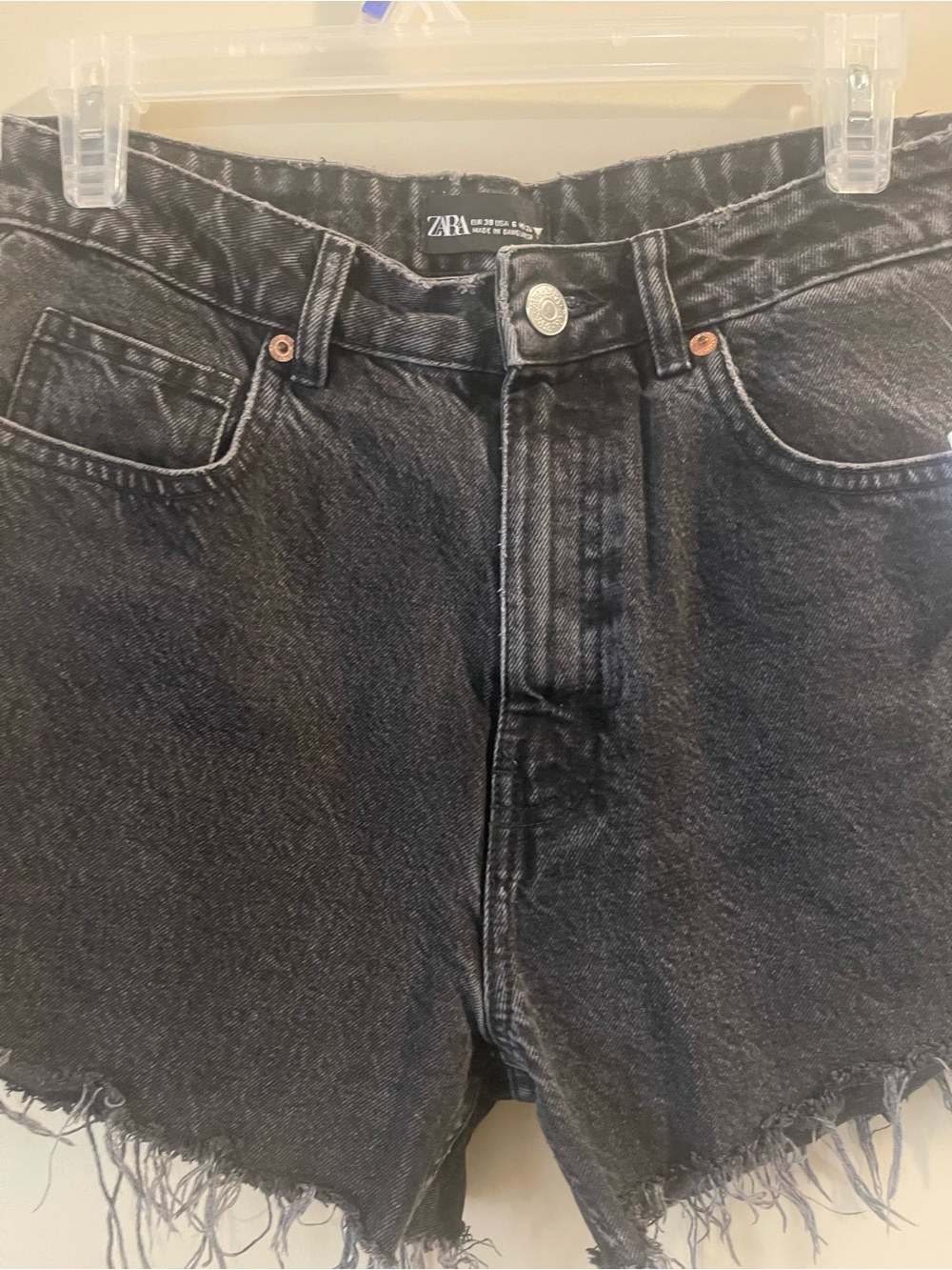 ZARA Black Washed Denim Shorts with Frayed Waist